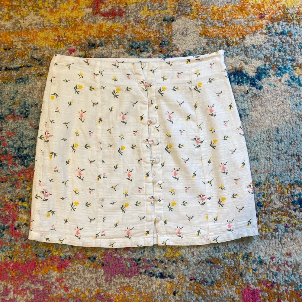 White Floral Linen Button Up Mini Skirt